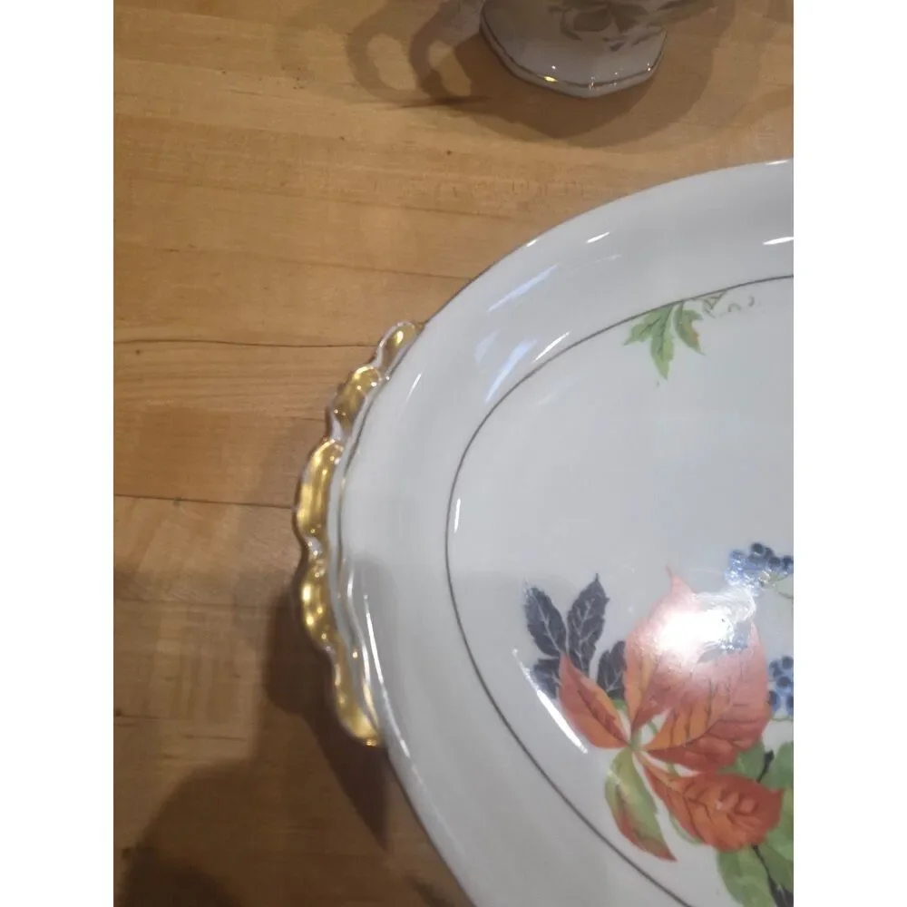 Antique Porcelain Creamer Sugar Bowl Platter Set 3 AMC Germany Autumn Leaf Gold